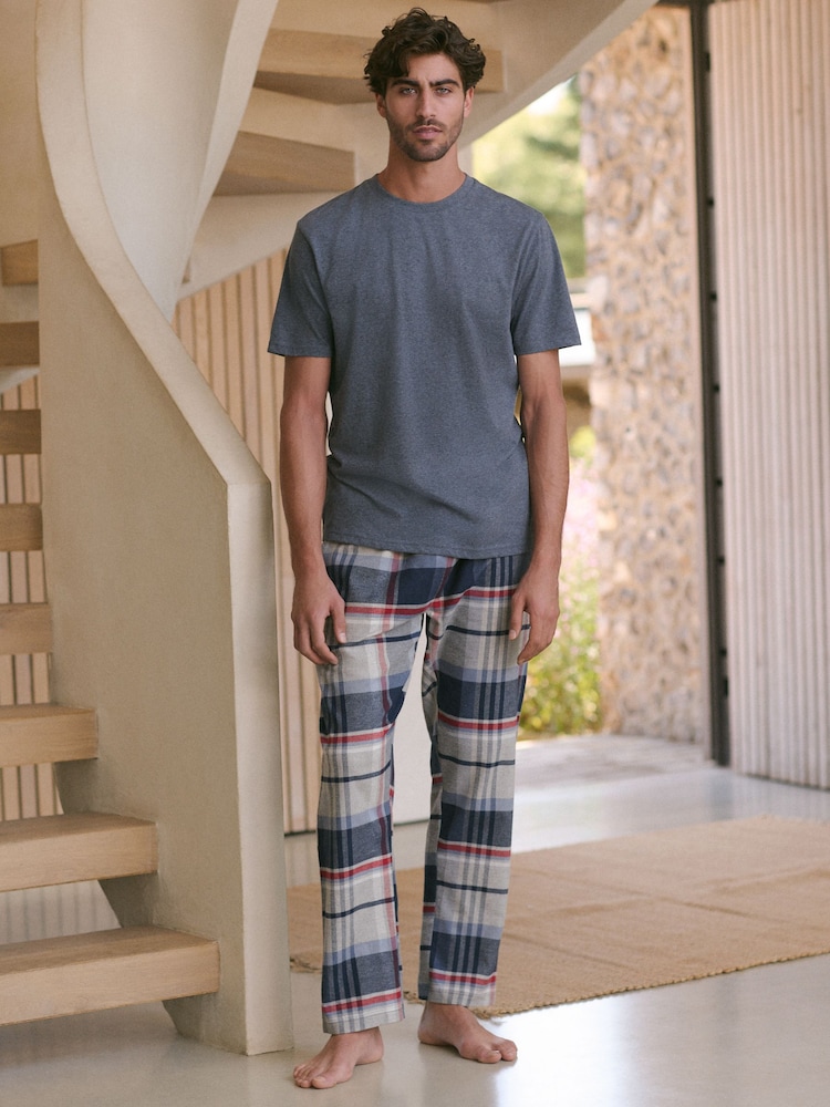 Blue/Grey Short Sleeve 100% Cotton Woven Pyjamas Set - Image 1 of 10