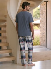 Blue/Grey Short Sleeve 100% Cotton Woven Pyjamas Set - Image 3 of 10