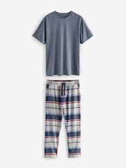 Blue/Grey Short Sleeve 100% Cotton Woven Pyjamas Set - Image 6 of 10