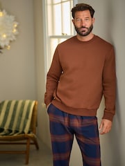 Orange/Navy Blue Check Crew Neck Sweatshirt Pyjamas Set - Image 1 of 14