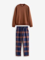 Orange/Navy Blue Check Crew Neck Sweatshirt Pyjamas Set - Image 9 of 14