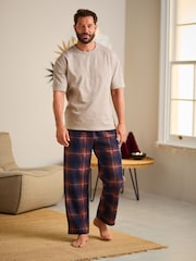 Stone Neutral/Navy Blue Check Cosy Brushed Pyjamas Set - Image 1 of 12