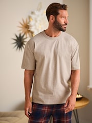 Stone Neutral/Navy Blue Check Cosy Brushed Pyjamas Set - Image 2 of 12