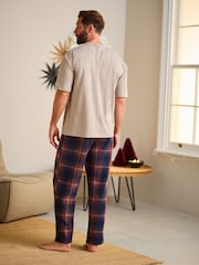 Stone Neutral/Navy Blue Check Cosy Brushed Pyjamas Set - Image 4 of 12
