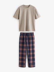 Stone Neutral/Navy Blue Check Cosy Brushed Pyjamas Set - Image 7 of 12
