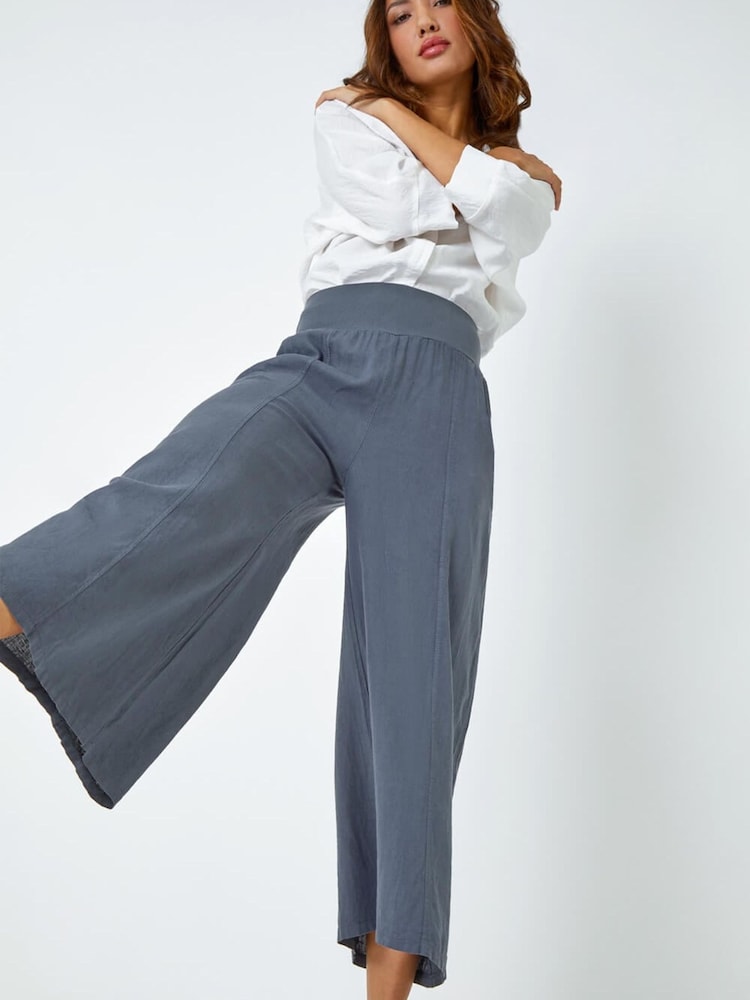 Roman Blue Linen Blend Stretch Waist Culottes - Image 1 of 5