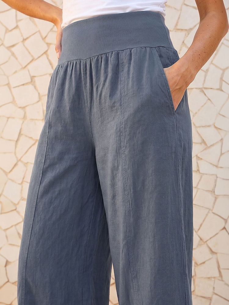 Roman Blue Linen Blend Stretch Waist Culottes - Image 5 of 5 Roman Blue Linen Blend Stretch Waist Culottes - Image 5 of 5