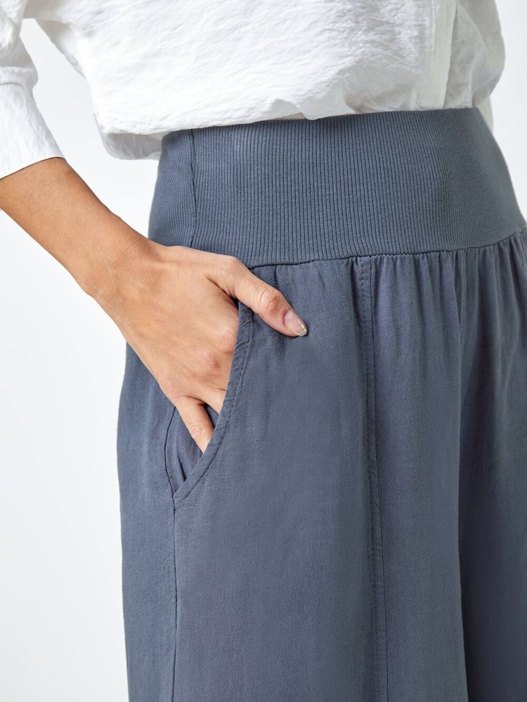 Roman Blue Linen Blend Stretch Waist Culottes - Image 5 of 5