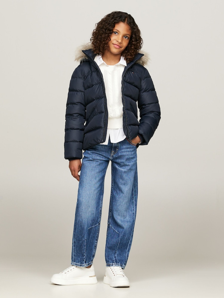 Tommy Hilfiger Blue Girls Essential Down Faux Fur Hood Jacket - Image 1 of 6