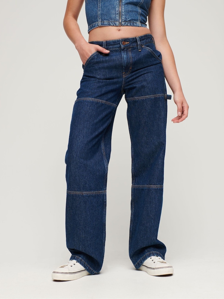 Superdry Blue Mid Rise Denim Carpenter Trousers - Image 1 of 7 Superdry Blue Mid Rise Denim Carpenter Trousers - Image 1 of 7