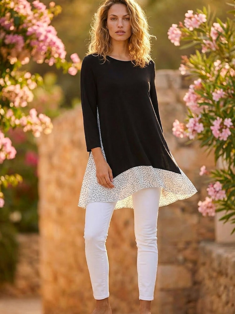Roman Black Polka Dot Side Split Tunic Top - Image 1 of 4