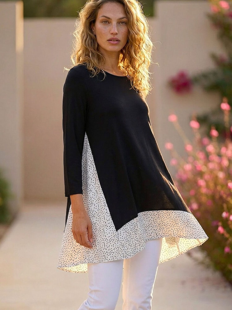 Roman Black Polka Dot Side Split Tunic Top - Image 2 of 4
