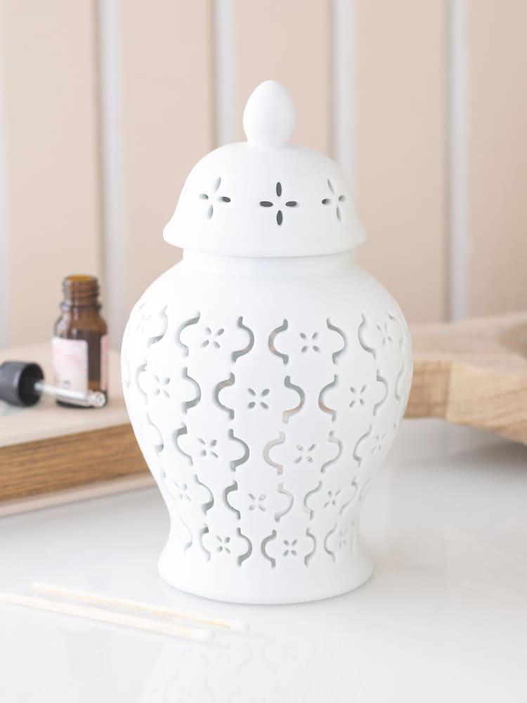 Something Different White Moroccan Lantern Cut Out Oil Burner and Wax Warmer - Image 1 of 6 Something Different White Moroccan Lantern Cut Out Oil Burner and Wax Warmer - Image 1 of 6
