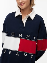 Tommy Jeans Blue Flag Jersey Oversized Rugby Shirt - Image 4 of 5