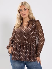 Yours Curve Brown Chiffon Peplum Blouse - Image 1 of 6