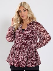 Yours Curve Burgundy Red Spot Print Chiffon Peplum Blouse - Image 1 of 6