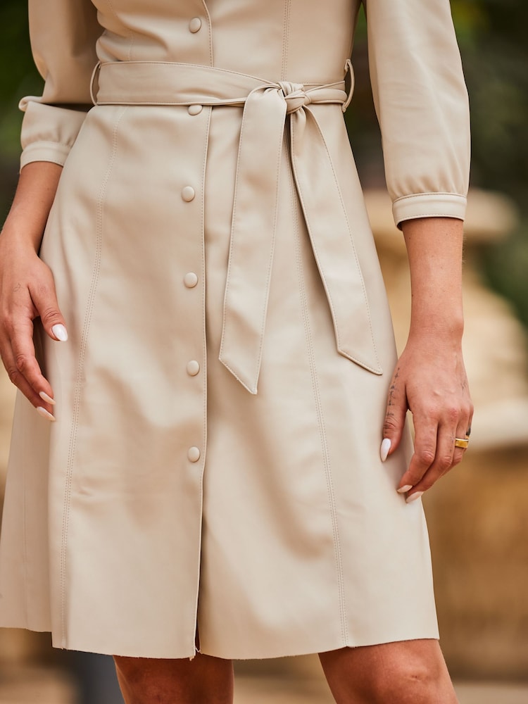 Sosandar Cream Mini Fit And Flare PU Popper Shirt Dress - Image 5 of 5