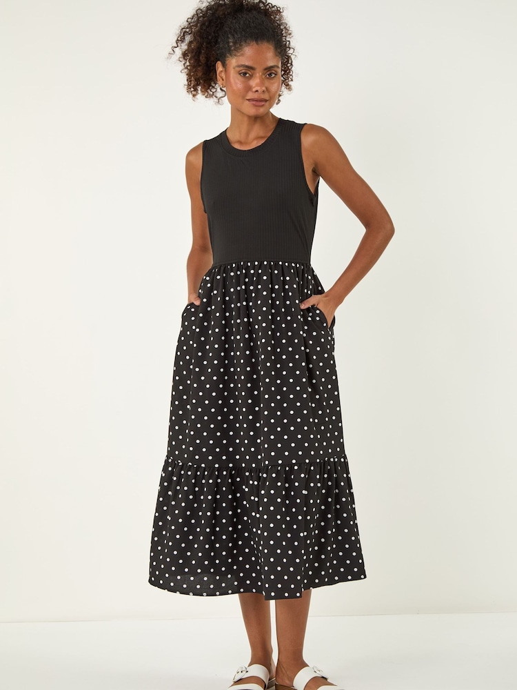 Roman Black Polka Dot Ribbed Midi Dress - Image 1 of 5 Roman Black Polka Dot Ribbed Midi Dress - Image 1 of 5