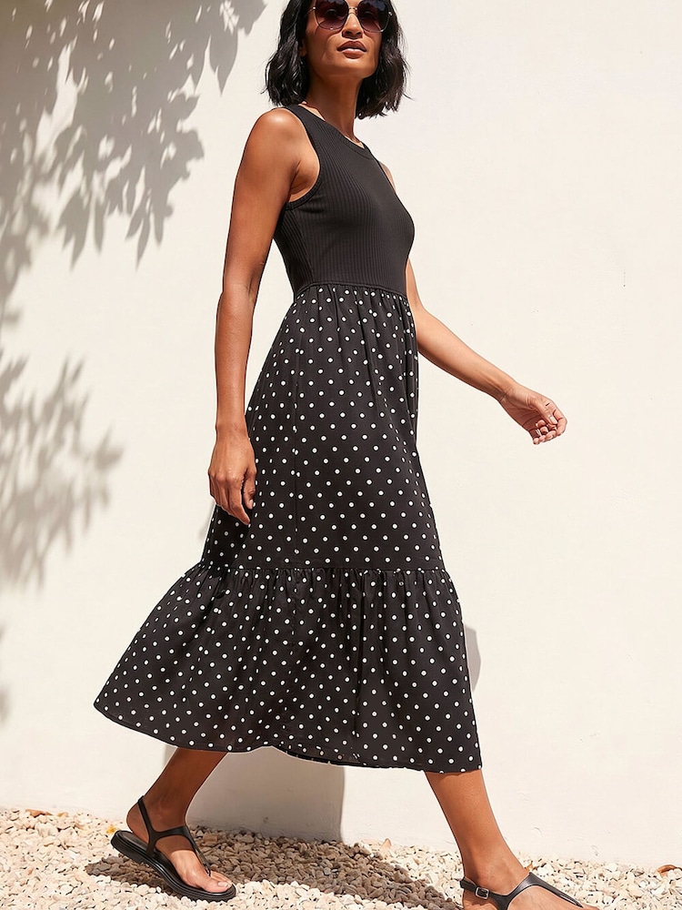 Roman Black Polka Dot Ribbed Midi Dress - Image 2 of 5 Roman Black Polka Dot Ribbed Midi Dress - Image 2 of 5