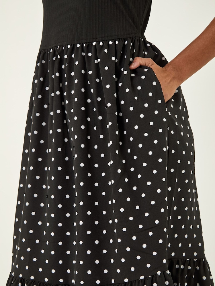 Roman Black Polka Dot Ribbed Midi Dress - Image 5 of 5 Roman Black Polka Dot Ribbed Midi Dress - Image 5 of 5