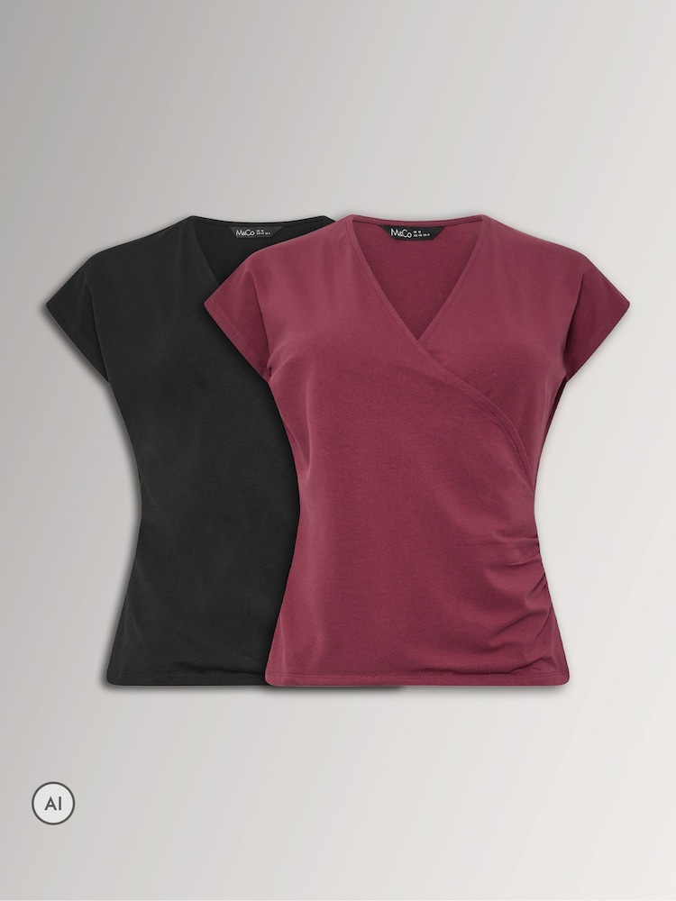 M&Co Black Cotton Wrap Tops 2 Pack - Image 1 of 8
