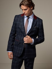 Navy Blue Tailored Fit Check Flannel Suit Jacket - Image 1 of 5