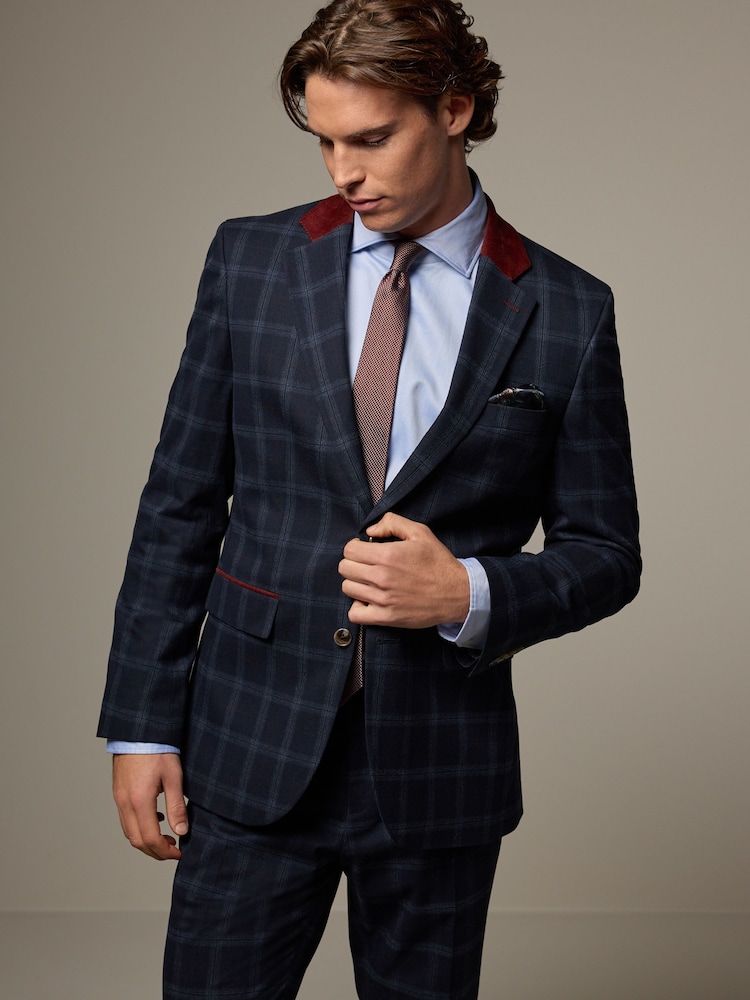 Navy Blue Tailored Fit Check Flannel Suit Jacket - Image 1 of 5
