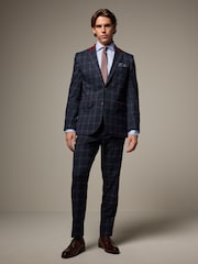Navy Blue Tailored Fit Check Flannel Suit Jacket - Image 2 of 5