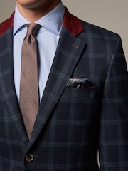 Navy Blue Tailored Fit Check Flannel Suit Jacket - Image 3 of 5