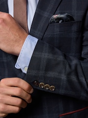 Navy Blue Tailored Fit Check Flannel Suit Jacket - Image 4 of 5