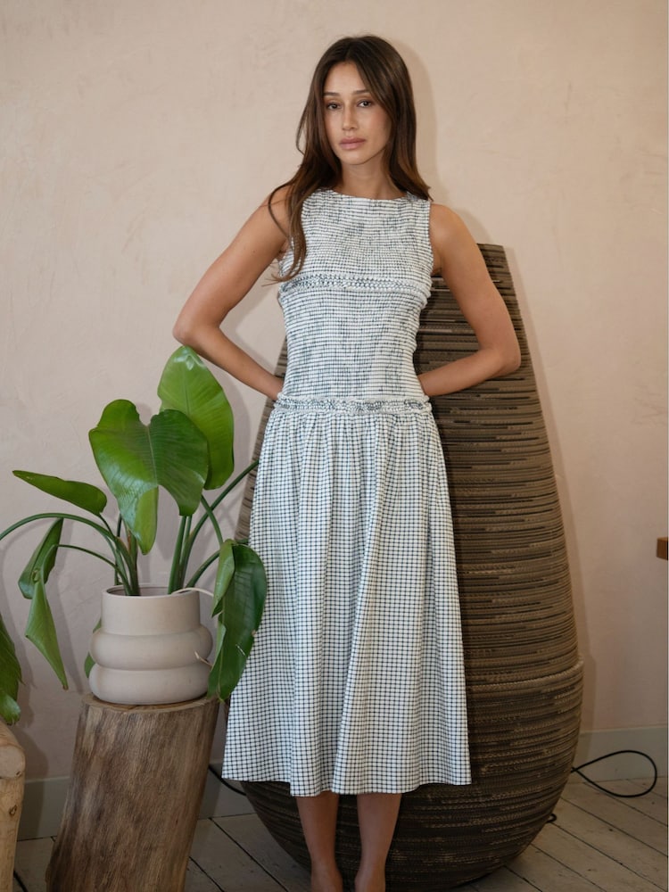 Amy Lynn White Posey Mono Gingham Smocked Midi Dress - Image 1 of 7