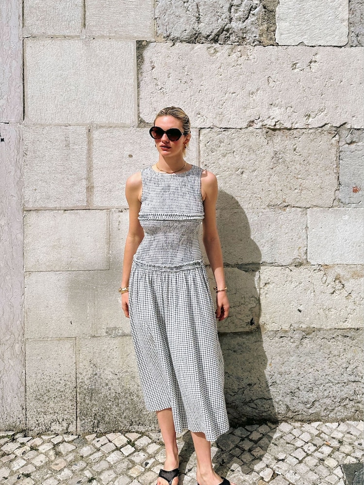 Amy Lynn White Posey Mono Gingham Smocked Midi Dress - Image 2 of 7