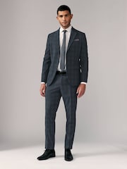 Navy Blue Slim Fit Check Suit Trousers - Image 3 of 9