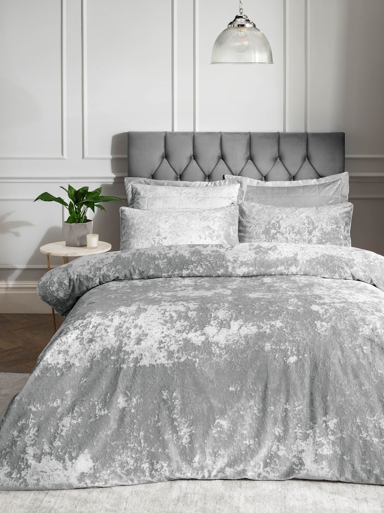 Catherine Lansfield Silver Crushed Velvet Duvet Cover and Pillowcase Set - Image 1 of 3 Catherine Lansfield Silver Crushed Velvet Duvet Cover and Pillowcase Set - Image 1 of 3