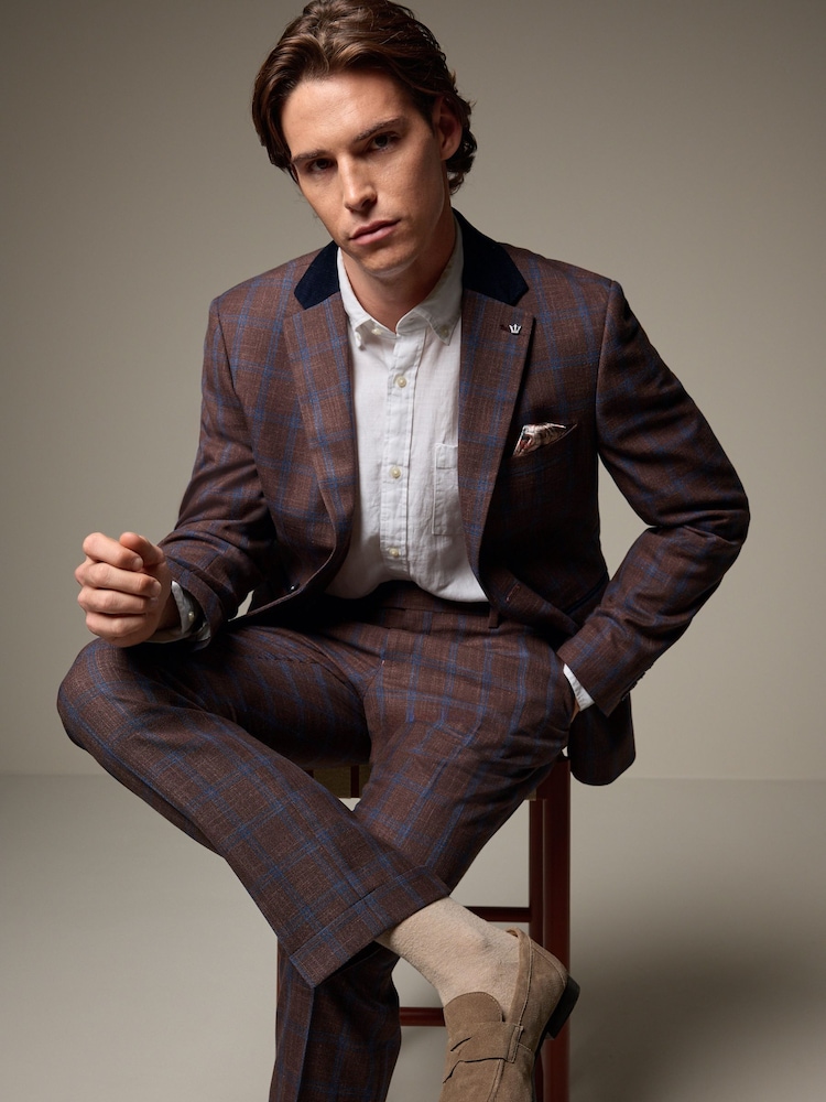 Rust Brown Tailored Fit Trimmed Check Suit Jacket - Image 3 of 11
