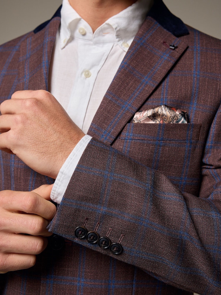 Rust Brown Tailored Fit Trimmed Check Suit Jacket - Image 4 of 11