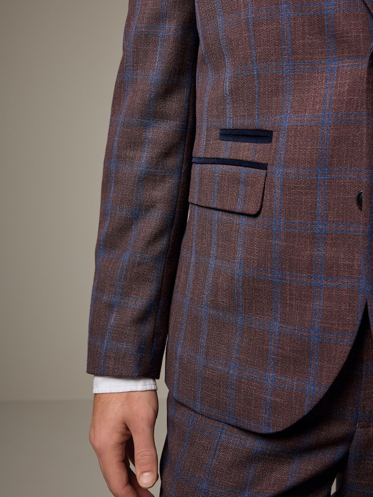 Rust Brown Tailored Fit Trimmed Check Suit Jacket - Image 5 of 11