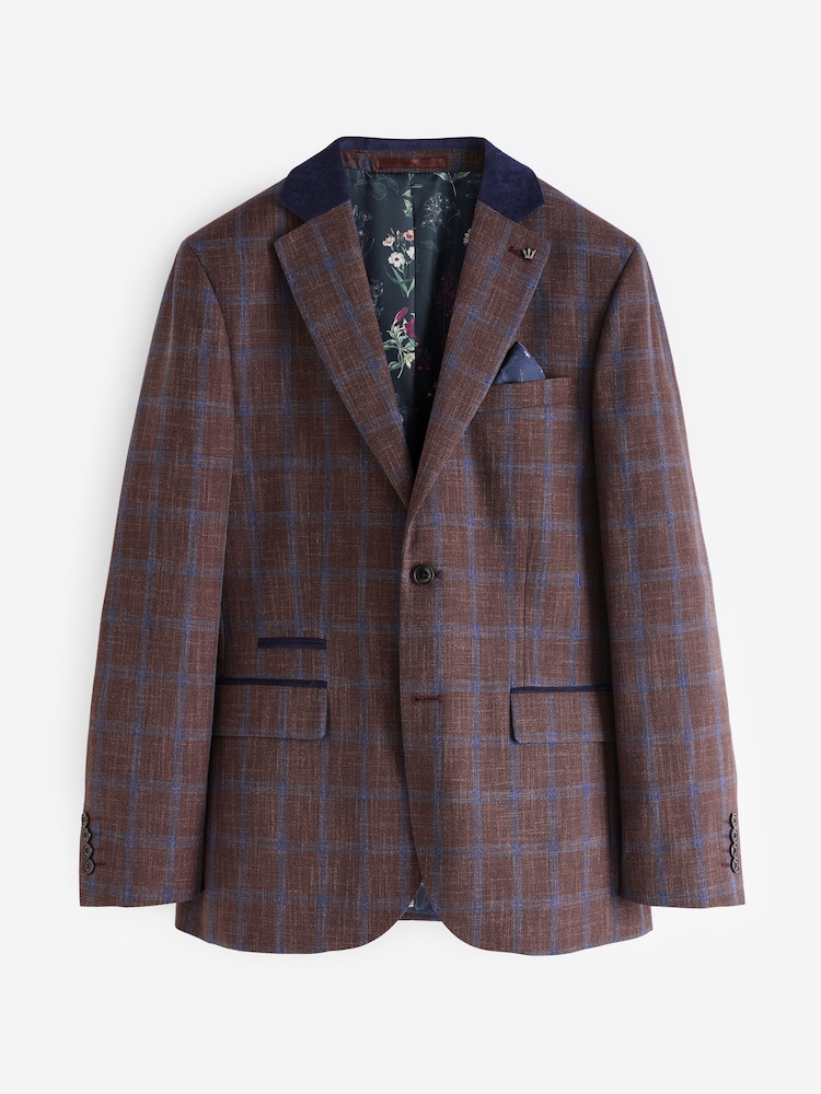 Rust Brown Tailored Fit Trimmed Check Suit Jacket - Image 6 of 11