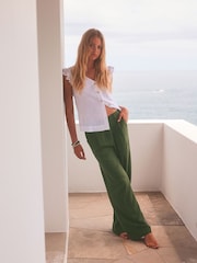 Khaki Green Linen Blend Wide Leg Trousers - Image 1 of 6