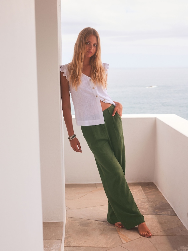 Khaki Green Linen Blend Wide Leg Trousers - Image 1 of 6 Khaki Green Linen Blend Wide Leg Trousers - Image 1 of 6