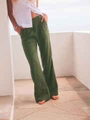 Khaki Green Linen Blend Wide Leg Trousers - Image 2 of 6