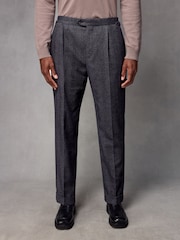 Navy Blue Wool Blend Herringbone Suit Trousers - Image 1 of 9