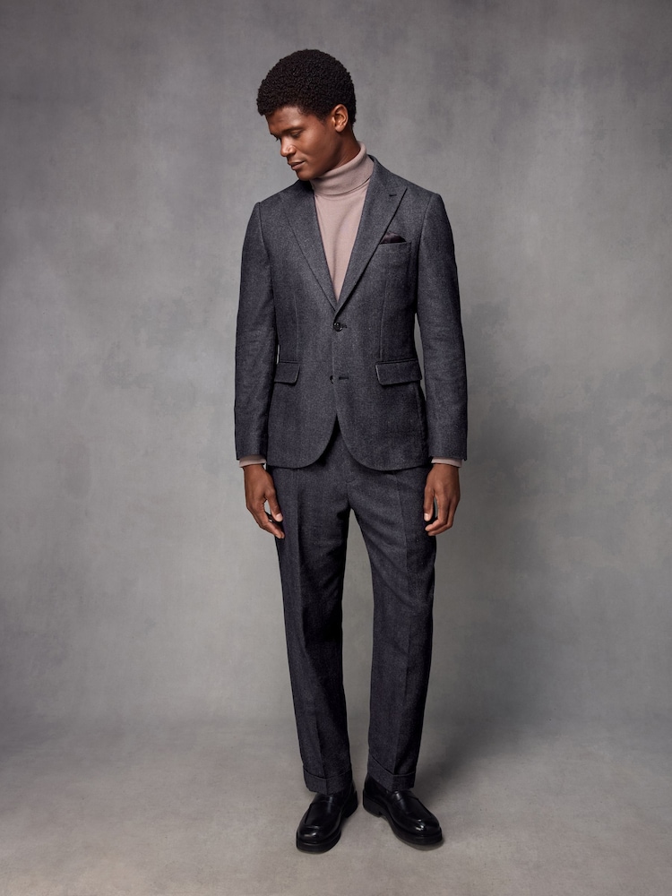 Navy Blue Wool Blend Herringbone Suit Trousers - Image 2 of 9