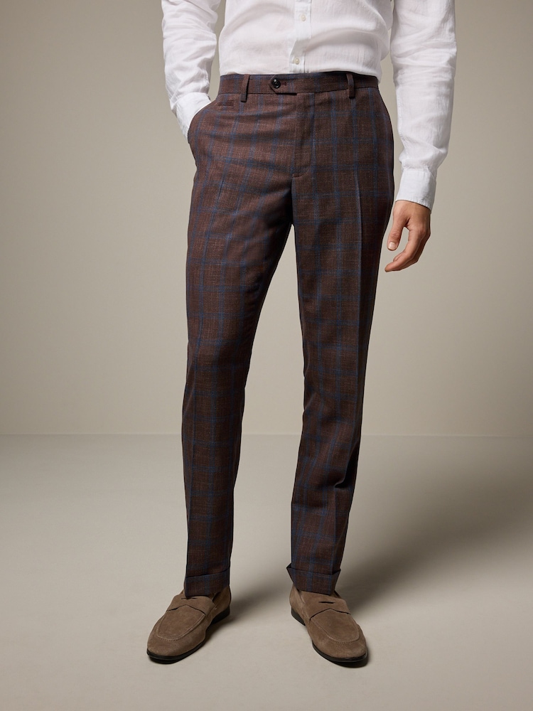 Rust Brown Tailored Fit Trimmed Check Suit Trousers - Image 1 of 9