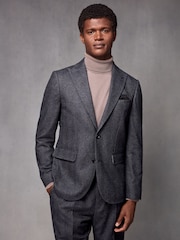Navy Blue Wool Blend Herringbone Suit Jacket - Image 1 of 11