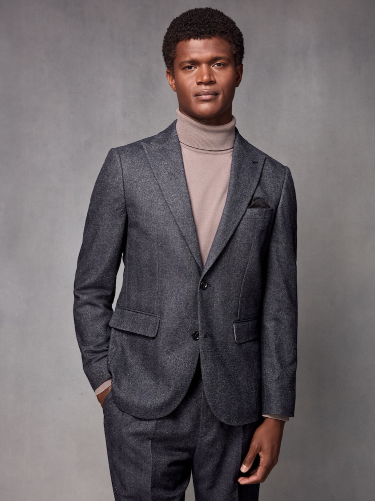 Navy Blue Wool Blend Herringbone Suit Jacket - Image 1 of 11