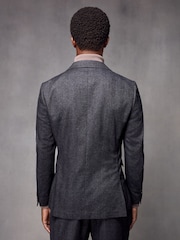 Navy Blue Wool Blend Herringbone Suit Jacket - Image 3 of 11