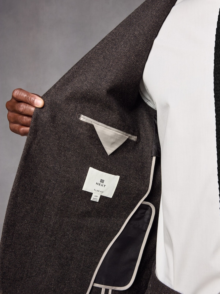 Brown Wool Blend Herringbone Suit Jacket - Image 5 of 10