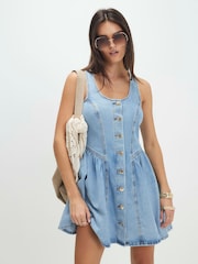 River Island Blue Sleeveless Denim Button Front Flippy Mini Dress - Image 1 of 4