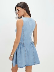 River Island Blue Sleeveless Denim Button Front Flippy Mini Dress - Image 2 of 4
